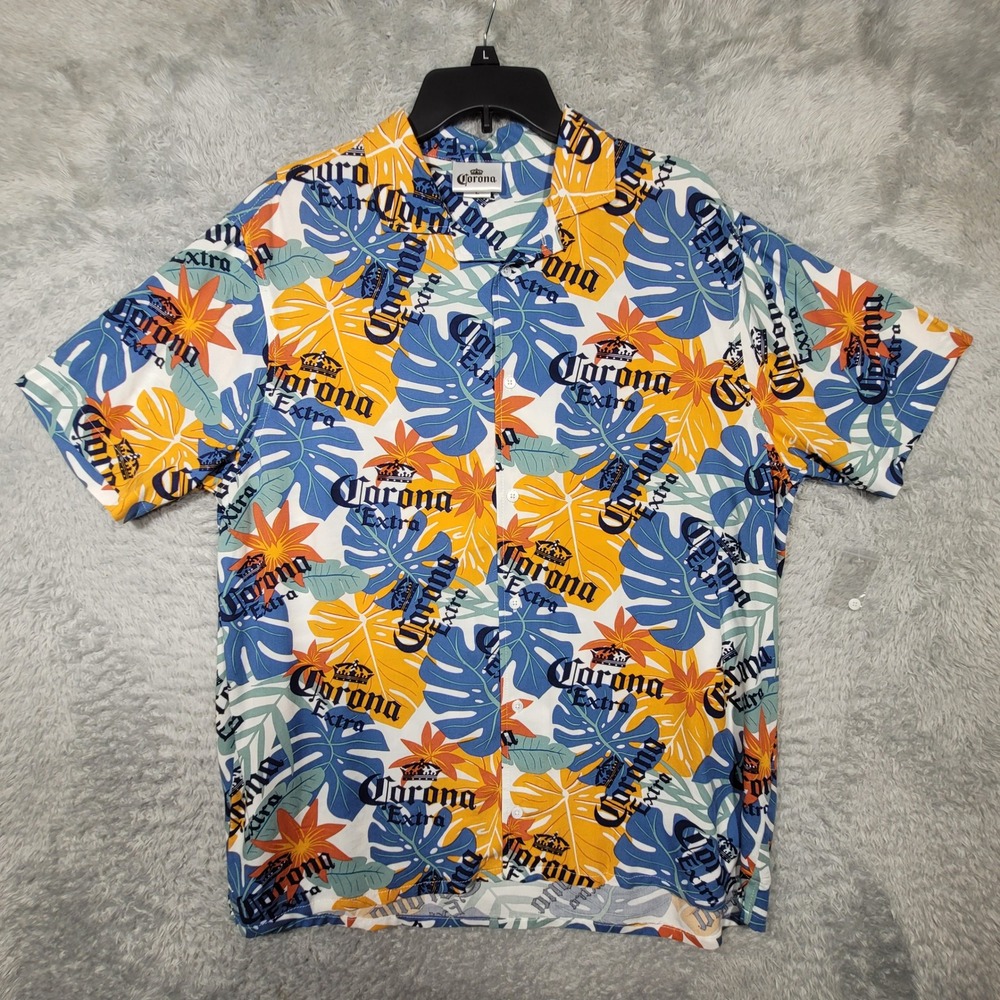 Corona Extra Beer Button Up Hawaiian‎ Shirt Mens Large Tropical Leaves Party